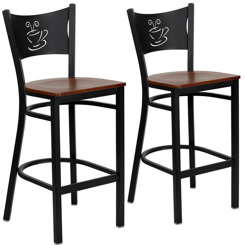 2 Pk. Black Coffee Back Metal Restaurant Barstool - Cherry Wood Seat