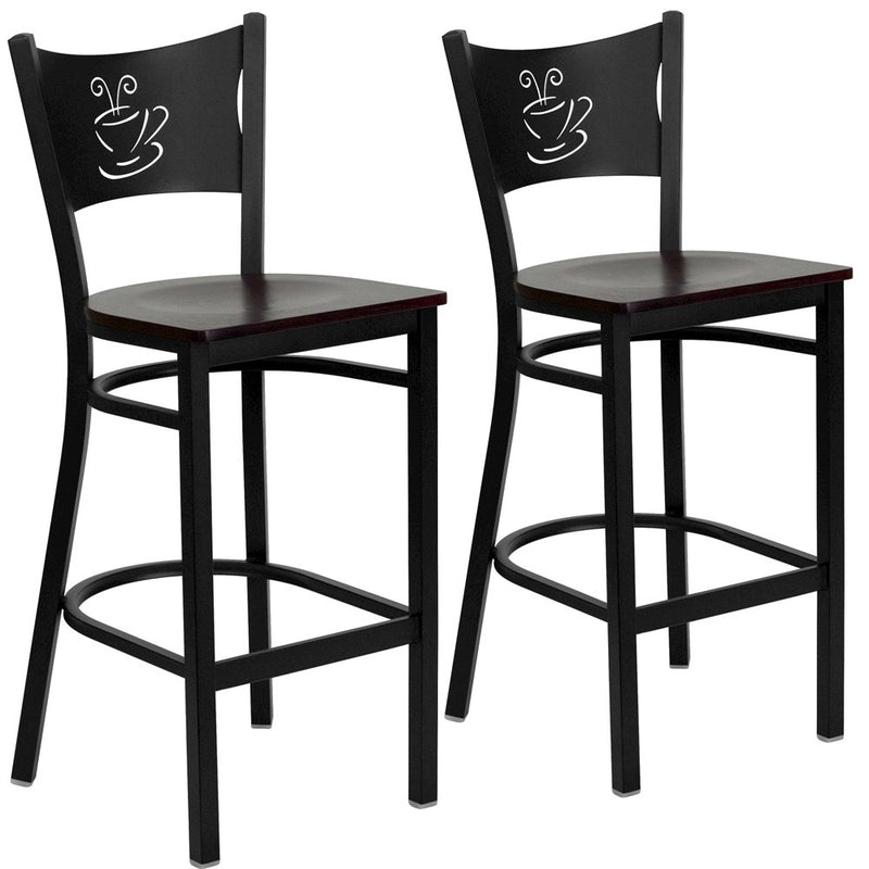 2 Pk. Black Coffee Back Metal Restaurant Barstool - Mahogany Wood Seat