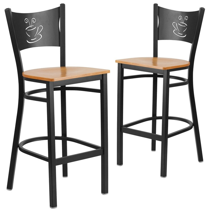 2 Pk. Black Coffee Back Metal Restaurant Barstool - Natural Wood Seat