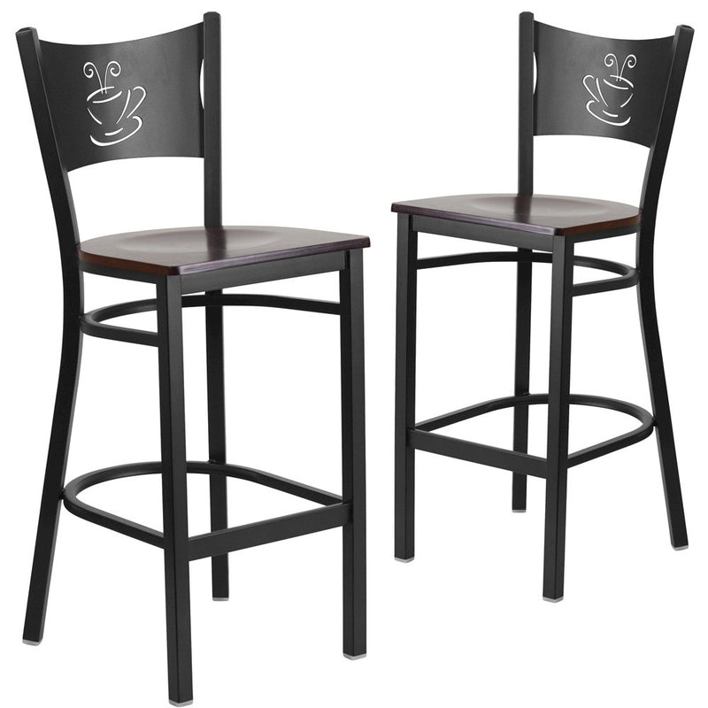 2 Pk. Black Coffee Back Metal Restaurant Barstool - Walnut Wood Seat