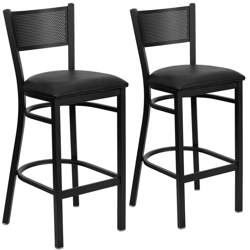 2 Pk. Black Grid Back Metal Restaurant Barstool - Black Vinyl Seat