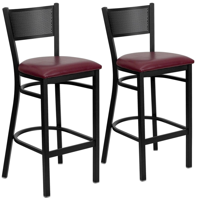 2 Pk. Black Grid Back Metal Restaurant Barstool - Burgundy Vinyl Seat