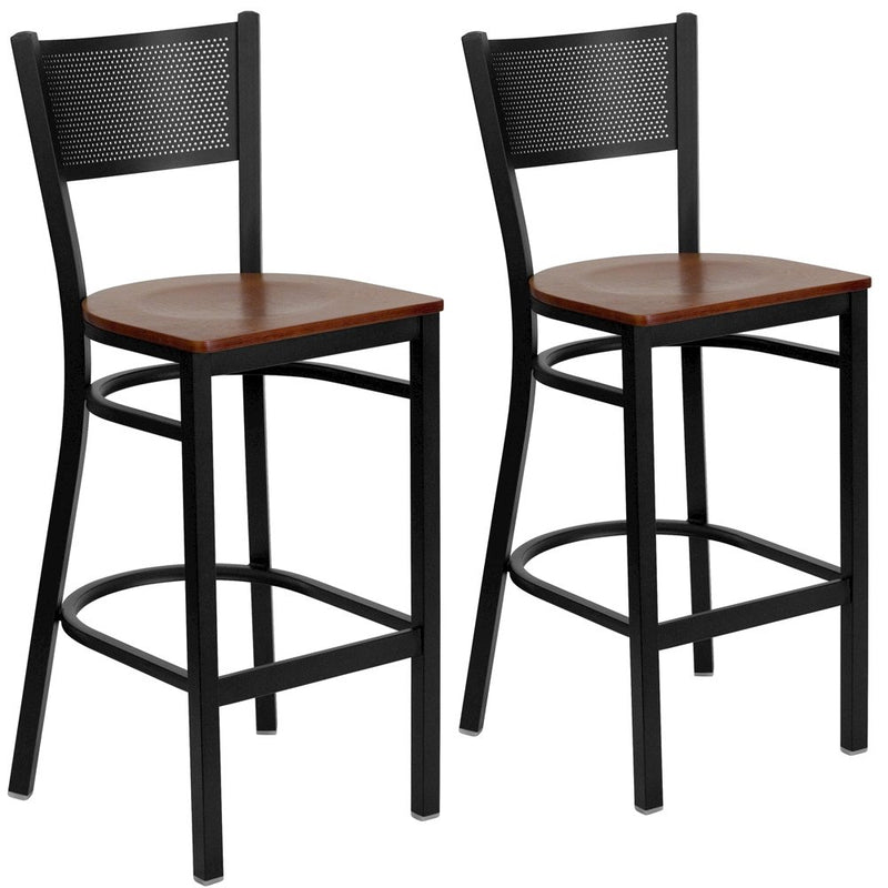 2 Pk. Black Grid Back Metal Restaurant Barstool - Cherry Wood Seat