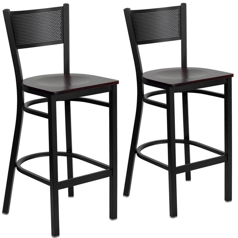 2 Pk. Black Grid Back Metal Restaurant Barstool - Mahogany Wood Seat