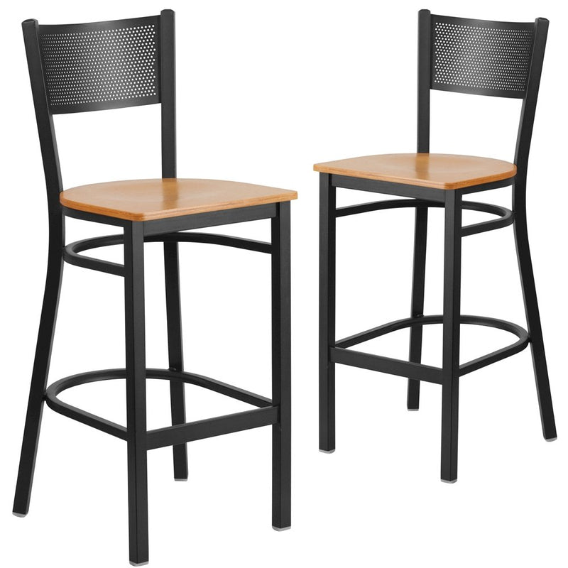 2 Pk. Black Grid Back Metal Restaurant Barstool - Natural Wood Seat