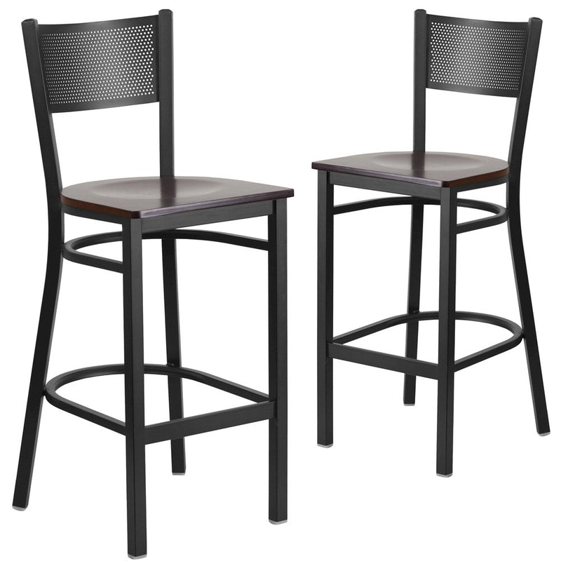 2 Pk. Black Grid Back Metal Restaurant Barstool - Walnut Wood Seat