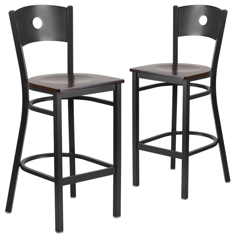 2 Pk. Black Circle Back Metal Restaurant Barstool - Walnut Wood Seat