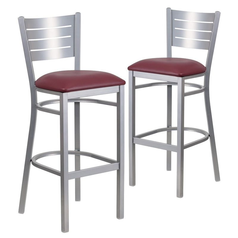 2 Pk. Silver Slat Back Metal Restaurant Barstool - Burgundy Vinyl Seat