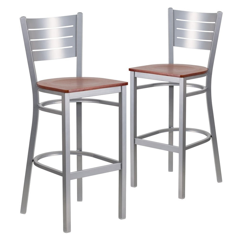 2 Pk. Silver Slat Back Metal Restaurant Barstool - Cherry Wood Seat