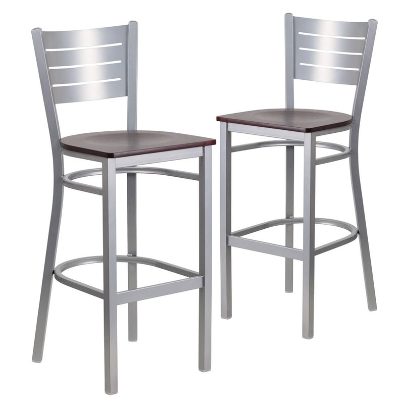 2 Pk. Silver Slat Back Metal Restaurant Barstool - Mahogany Wood Seat