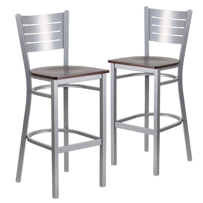 2 Pk. Silver Slat Back Metal Restaurant Barstool - Walnut Wood Seat