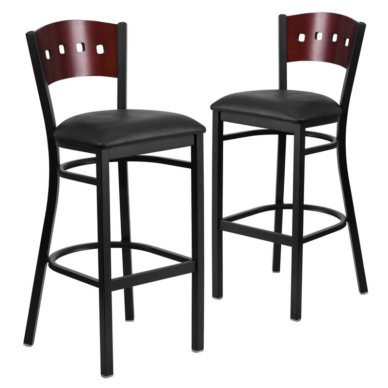 2 Pk. 4 Square Back Metal Barstool - Mahogany Wood Back, Black Vinyl Seat