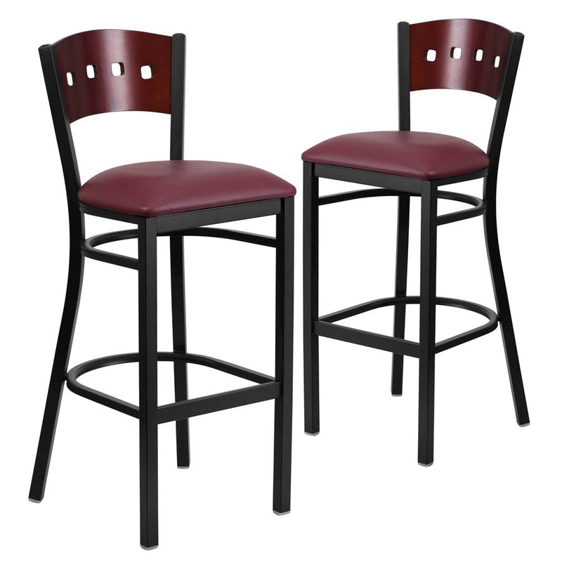 2 Pk. 4 Square Back Metal Barstool - Mahogany Wood Back, Burgundy Vinyl Seat