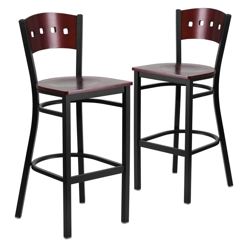 2 Pk. 4 Square Back Metal Barstool - Mahogany Wood Back & Seat