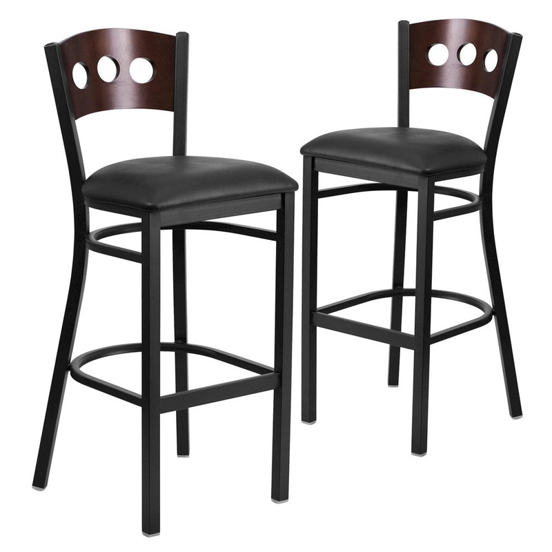 2 Pk. 3 Circle Back Metal Barstool - Walnut Wood Back, Black Vinyl Seat