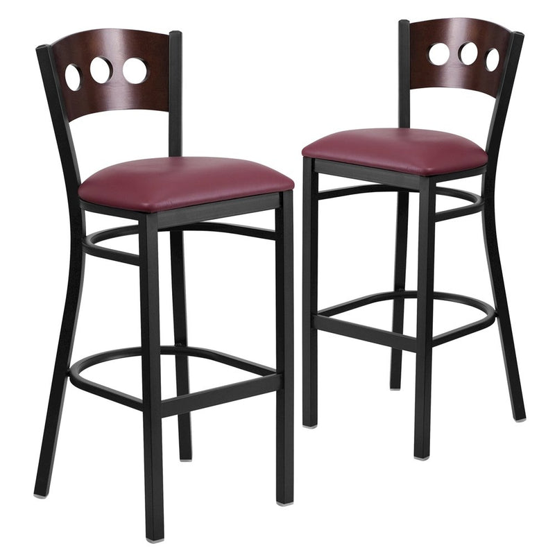 2 Pk. 3 Circle Back Metal Barstool - Walnut Wood Back, Burgundy Vinyl Seat