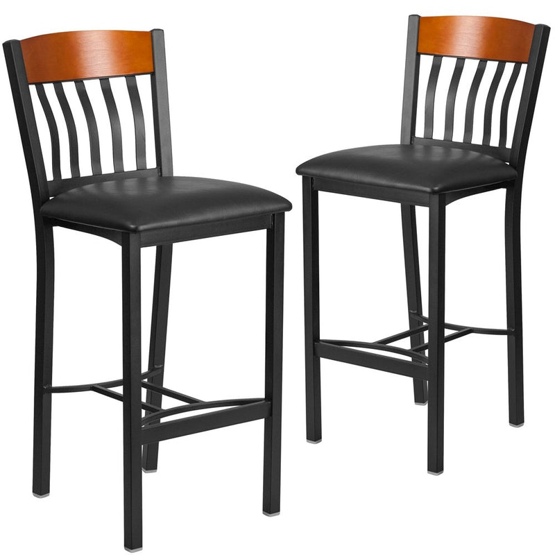 2 Pk. Vertical Back Black Metal and Cherry Wood Barstool with Black Vinyl Seat