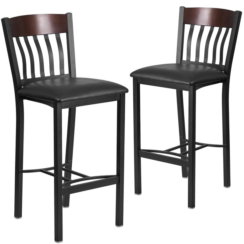 2 Pk. Vertical Back Black Metal and Walnut Wood Barstool with Black Vinyl Seat