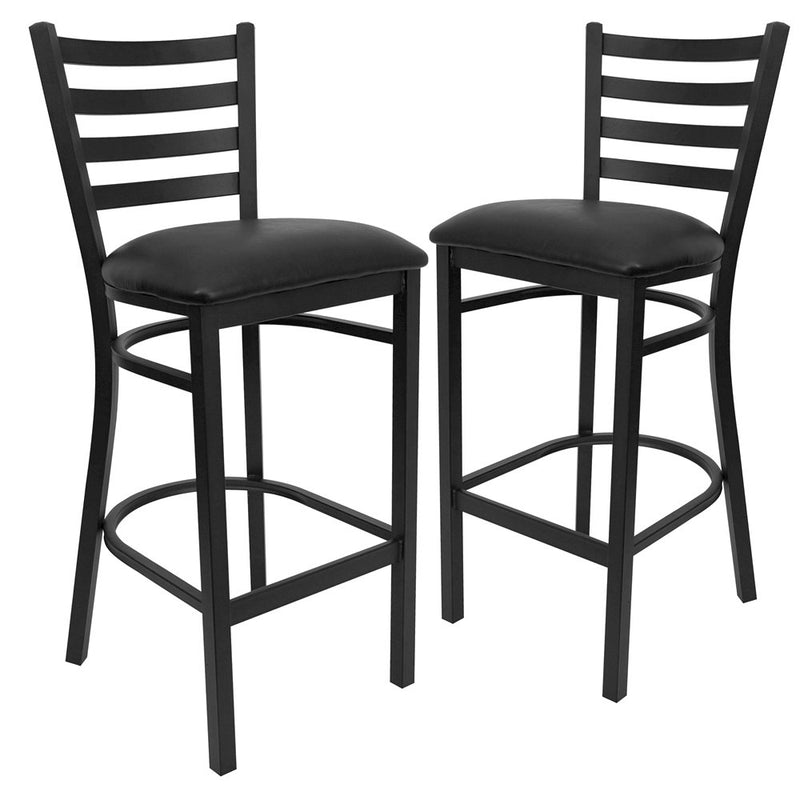 2 Pk. Black Ladder Back Metal Restaurant Barstool - Black Vinyl Seat