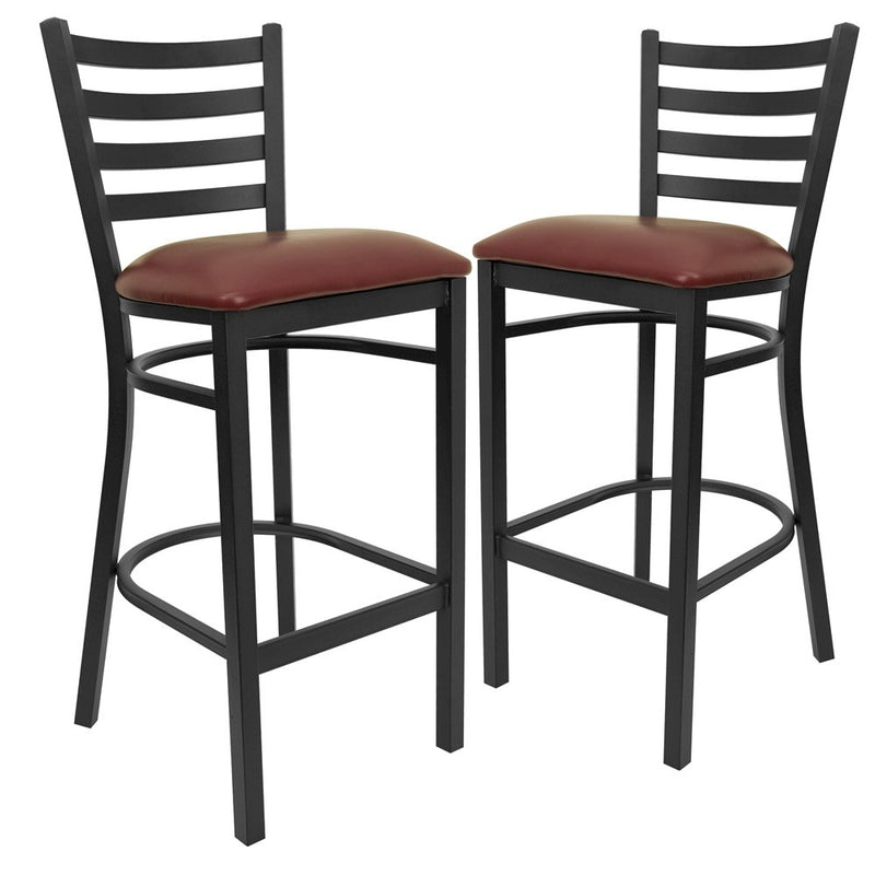 2 Pk. Black Ladder Back Metal Restaurant Barstool - Burgundy Vinyl Seat