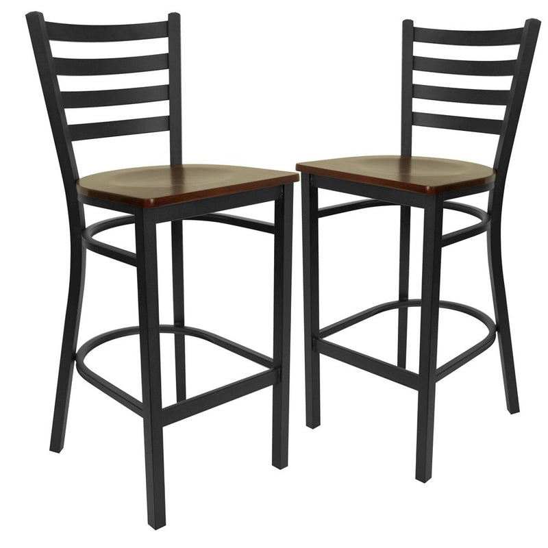 2 Pk. Black Ladder Back Metal Restaurant Barstool - Mahogany Wood Seat