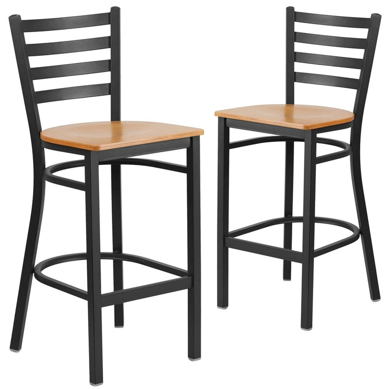 2 Pk. Black Ladder Back Metal Restaurant Barstool - Natural Wood Seat