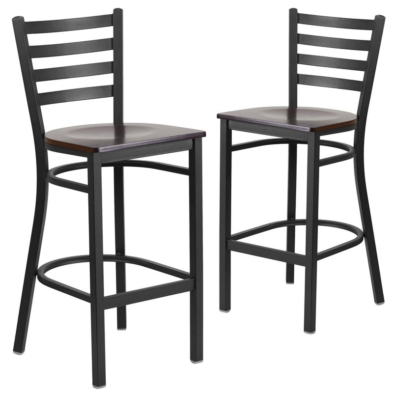 2 Pk. Black Ladder Back Metal Restaurant Barstool - Walnut Wood Seat