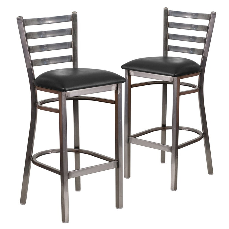 2 Pk. Clear Coated Ladder Back Metal Restaurant Barstool - Black Vinyl Seat