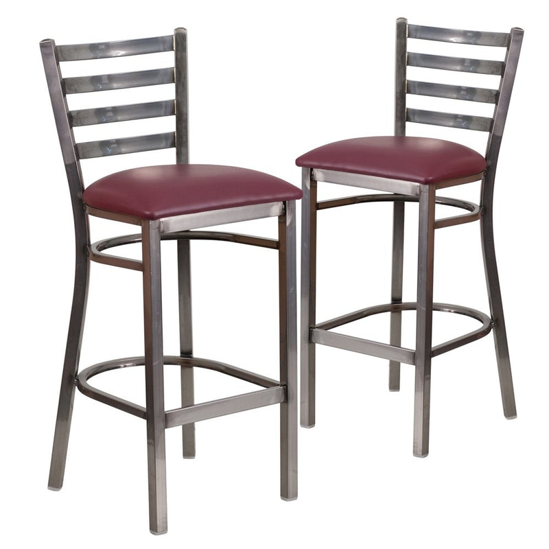 2 Pk. Clear Coated Ladder Back Metal Restaurant Barstool - Burgundy Vinyl Seat