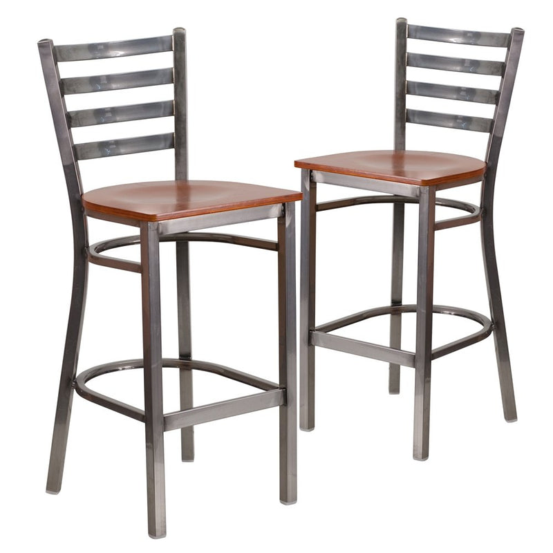 2 Pk. Clear Coated Ladder Back Metal Restaurant Barstool - Cherry Wood Seat