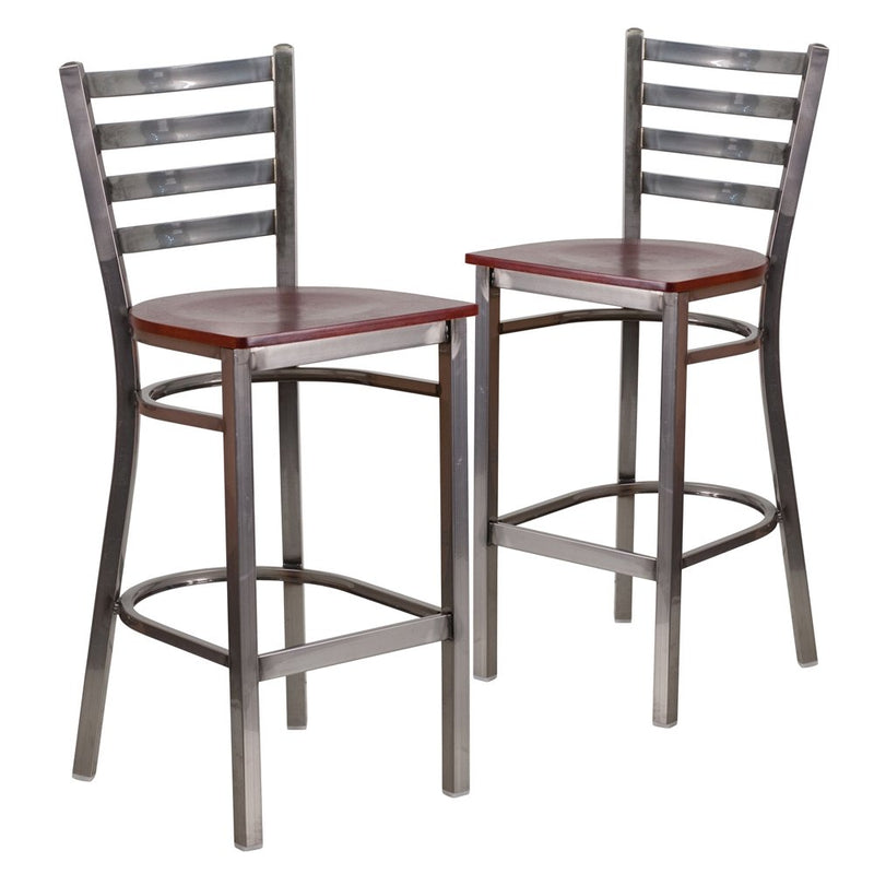 2 Pk. Clear Coated Ladder Back Metal Restaurant Barstool - Mahogany Wood Seat