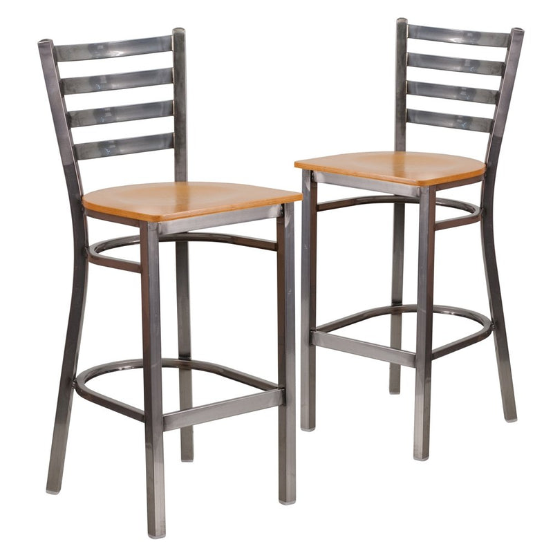 2 Pk. Clear Coated Ladder Back Metal Restaurant Barstool - Natural Wood Seat