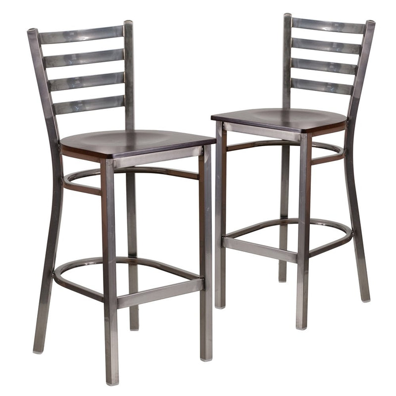 2 Pk. Clear Coated Ladder Back Metal Restaurant Barstool - Walnut Wood Seat