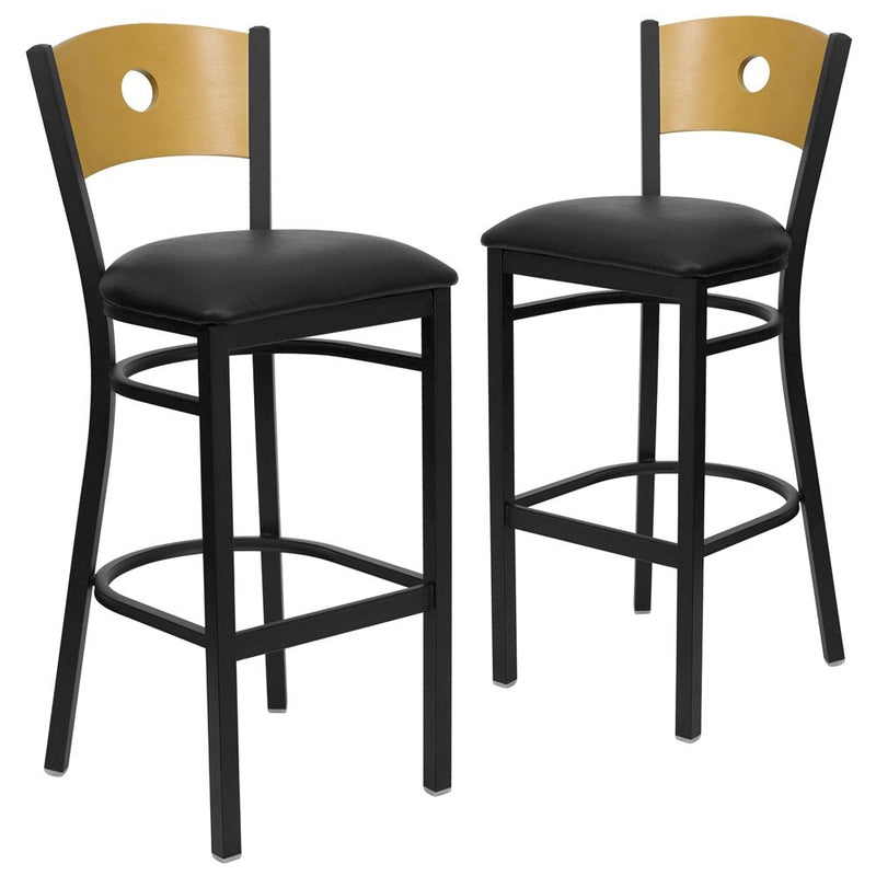 2 Pk. Black Circle Back Metal Barstool - Natural Wood Back, Black Vinyl Seat