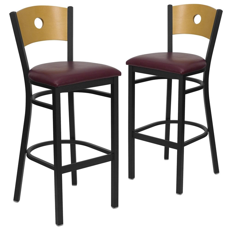 2 Pk. Black Circle Back Metal Barstool - Natural Wood Back, Burgundy Vinyl Seat