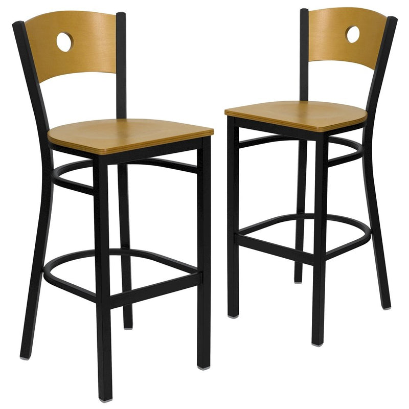 2 Pk. Black Circle Back Metal Restaurant Barstool - Natural Wood Back & Seat