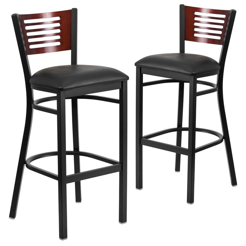 2 Pk. Slat Back Metal Barstool - Mahogany Wood Back, Black Vinyl Seat