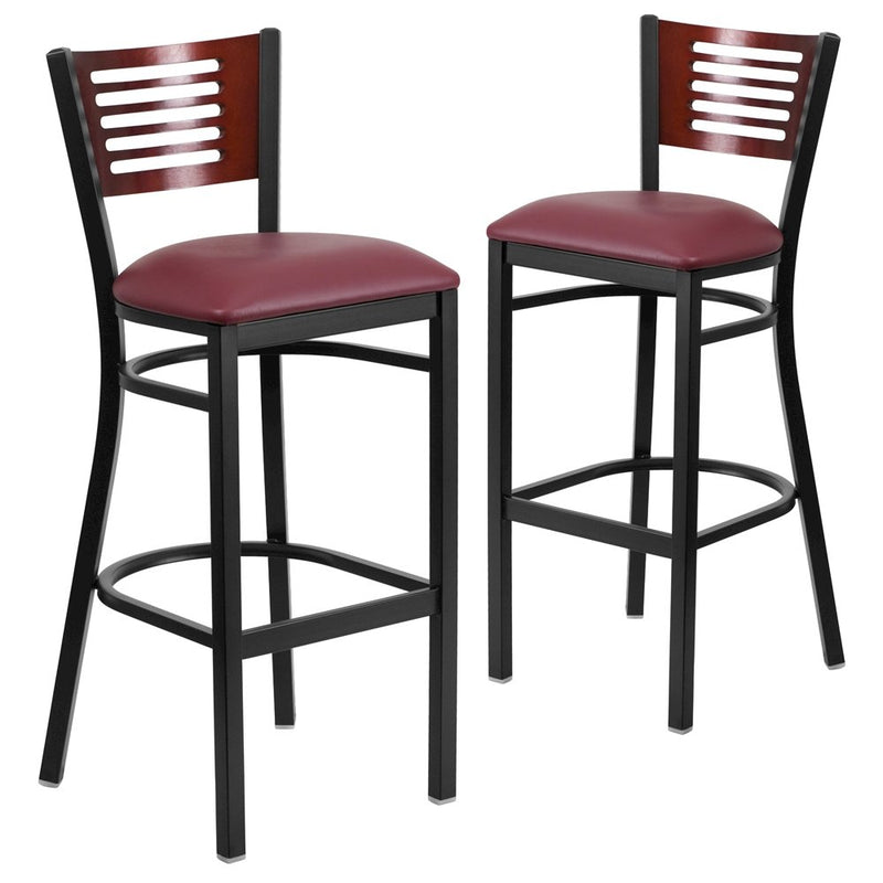 2 Pk. Slat Back Metal Barstool - Mahogany Wood Back, Burgundy Vinyl Seat