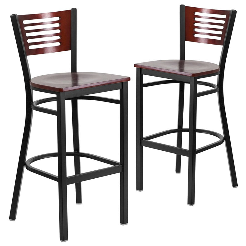 2 Pk. Slat Back Metal Barstool - Mahogany Wood Back & Seat