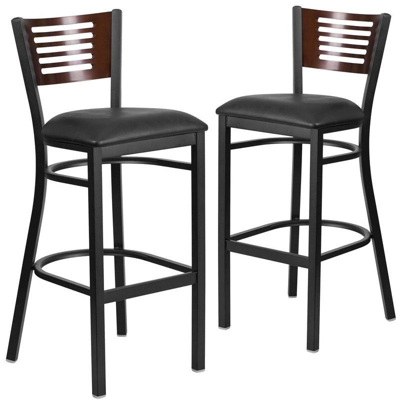 2 Pk. Slat Back Metal Barstool - Walnut Wood Back, Black Vinyl Seat