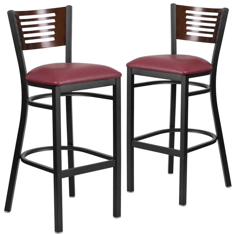 2 Pk. Slat Back Metal Barstool - Walnut Wood Back, Burgundy Vinyl Seat