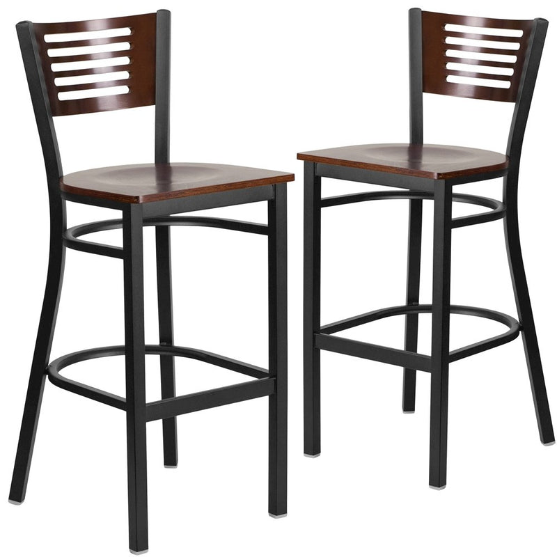 2 Pk. Slat Back Metal Barstool - Walnut Wood Back & Seat