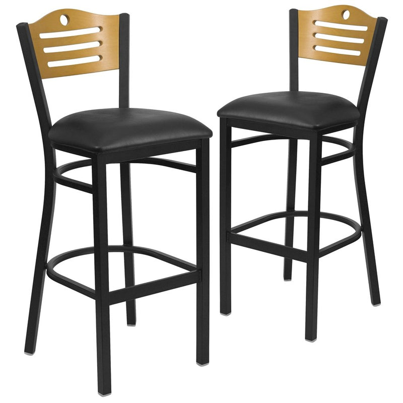 2 Pk. Black Slat Back Metal Barstool - Natural Wood Back, Black Vinyl Seat