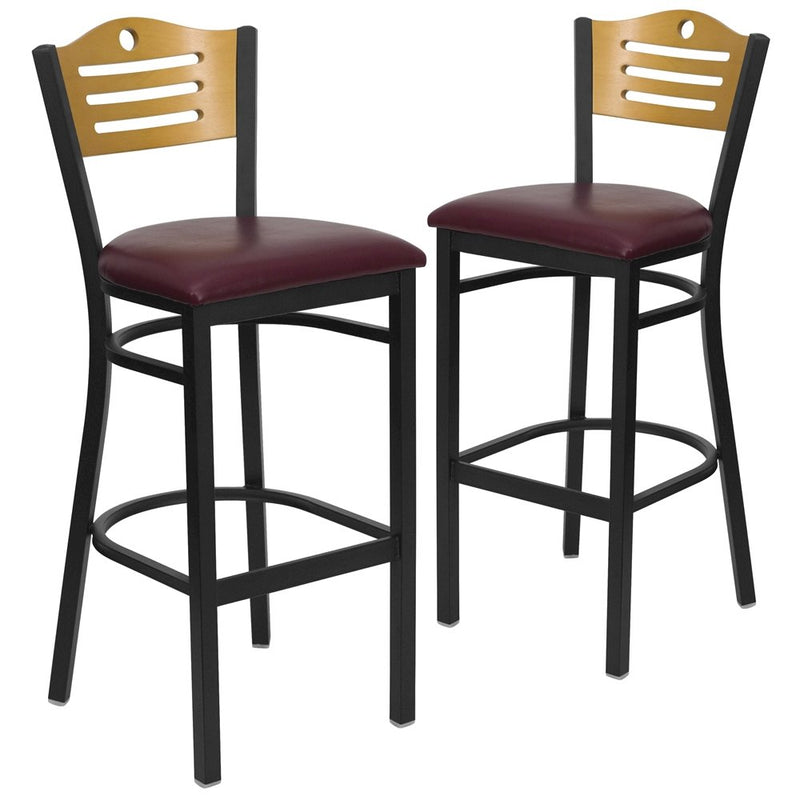 2 Pk. Black Slat Back Metal Barstool - Natural Wood Back, Burgundy Vinyl Seat