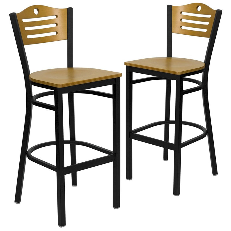 2 Pk. Black Slat Back Metal Restaurant Barstool - Natural Wood Back & Seat