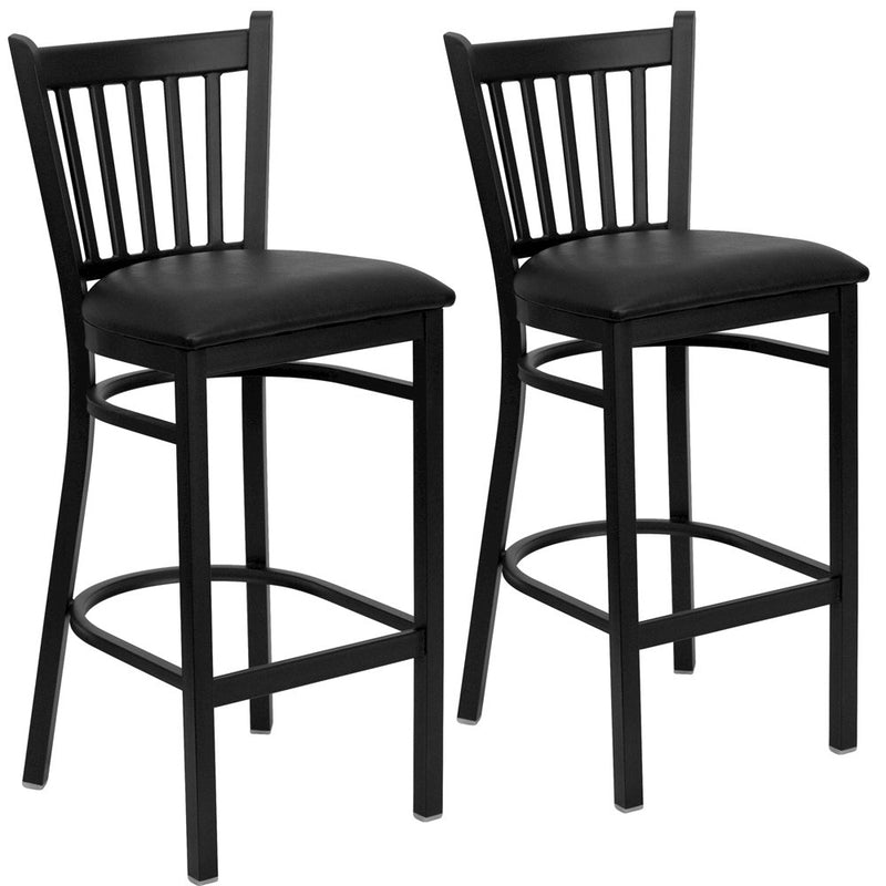 2 Pk. Black Vertical Back Metal Restaurant Barstool - Black Vinyl Seat