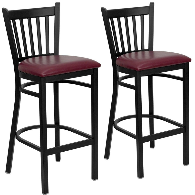 2 Pk. Black Vertical Back Metal Restaurant Barstool - Burgundy Vinyl Seat