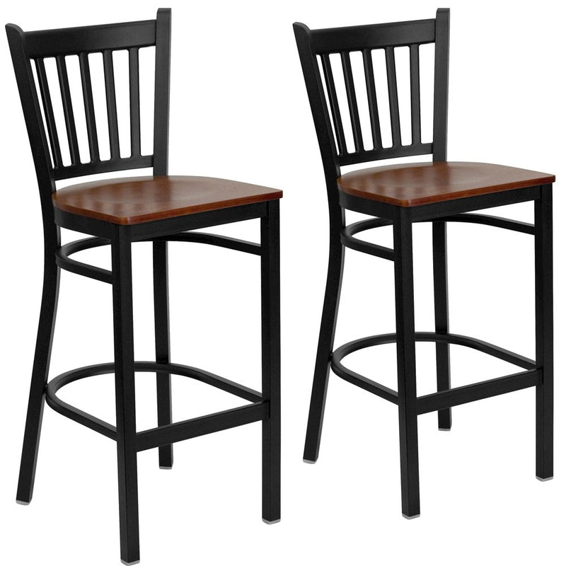 2 Pk. Black Vertical Back Metal Restaurant Barstool - Cherry Wood Seat