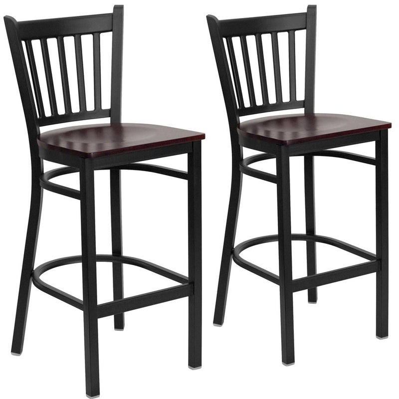 2 Pk. Black Vertical Back Metal Restaurant Barstool - Mahogany Wood Seat