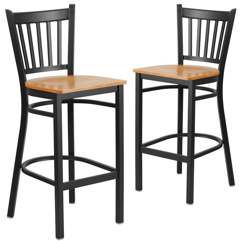 2 Pk. Black Vertical Back Metal Restaurant Barstool - Natural Wood Seat